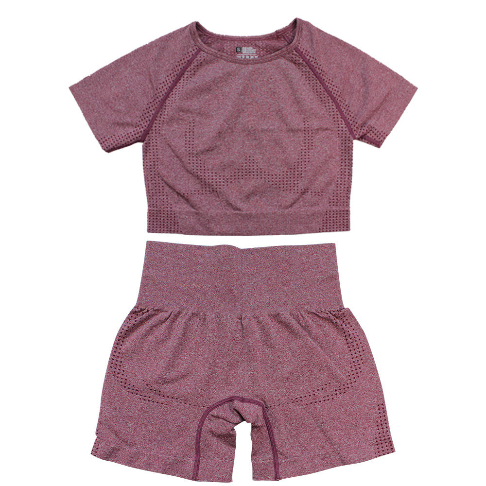 Seamless Short Sleeve Crop and Shorts Set - Red