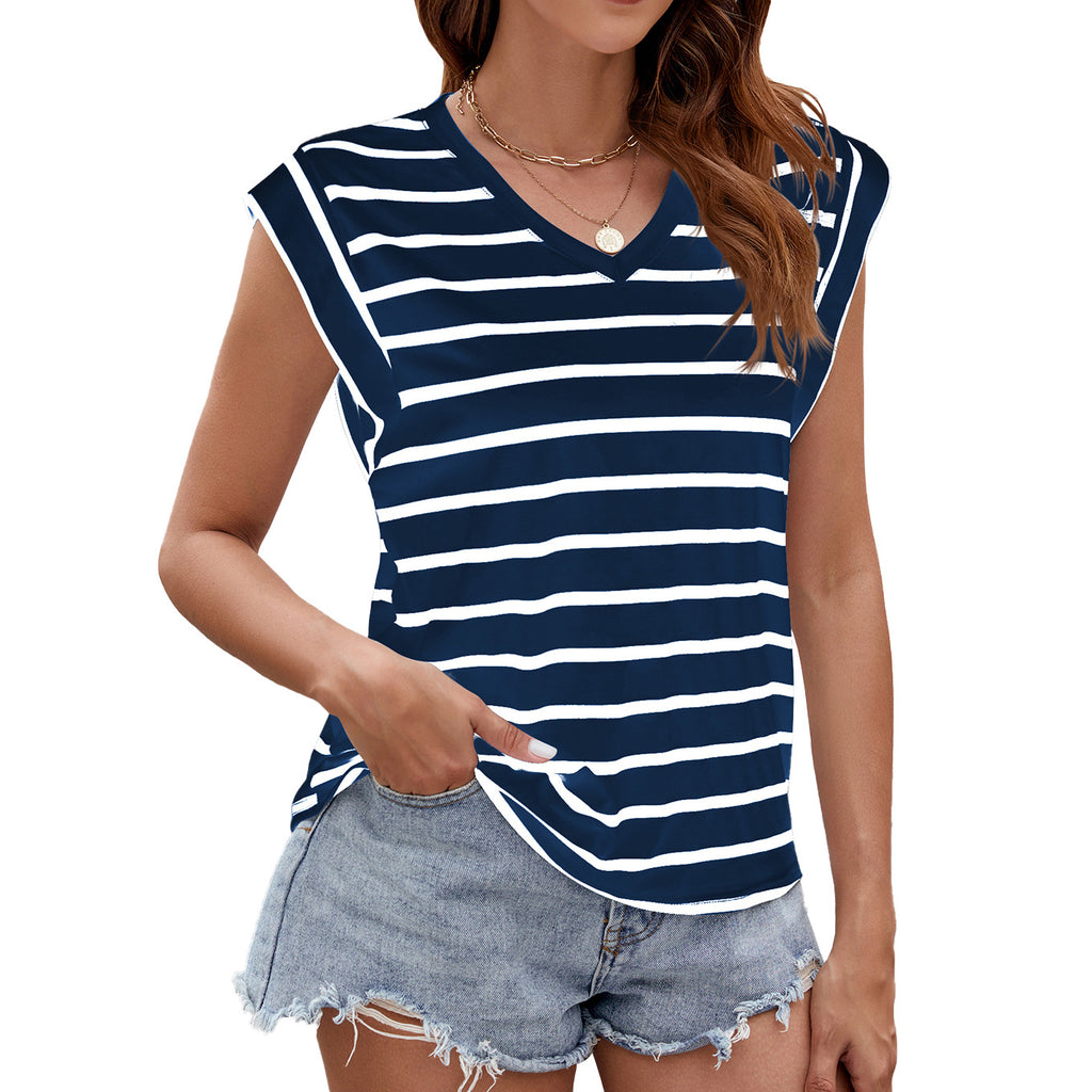 Striped Cap Sleeve V Neck Tee - Navy