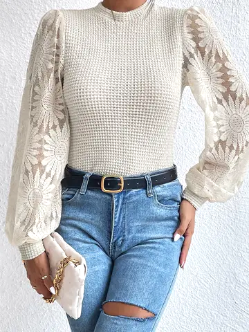 Floral Lace Puff Sleeve Waffle Knit Blouse - Apricot