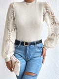 Floral Lace Puff Sleeve Waffle Knit Blouse - Apricot