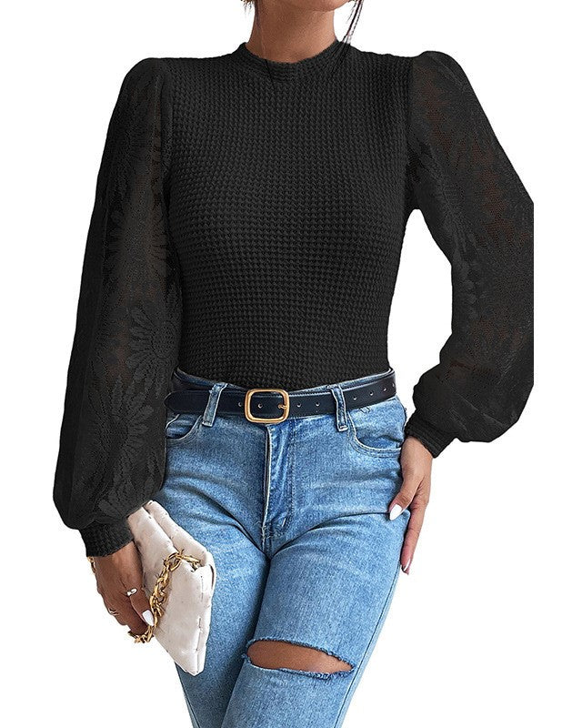 Floral Lace Puff Sleeve Waffle Knit Blouse - Black