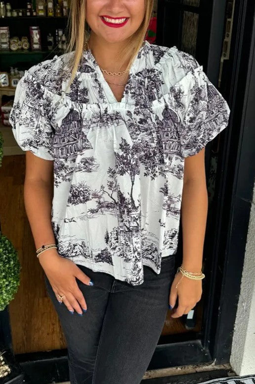 Scenic Toile Print Split Neck Blouse - black