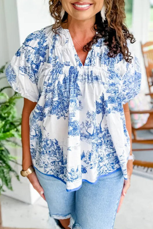Scenic Toile Print Split Neck Blouse - blue