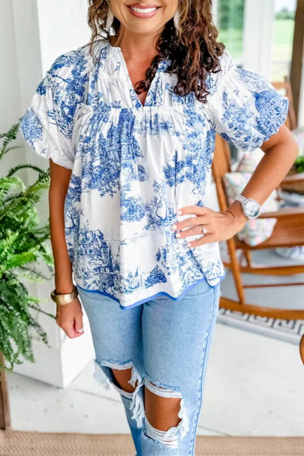 Scenic Toile Print Split Neck Blouse - blue - 1