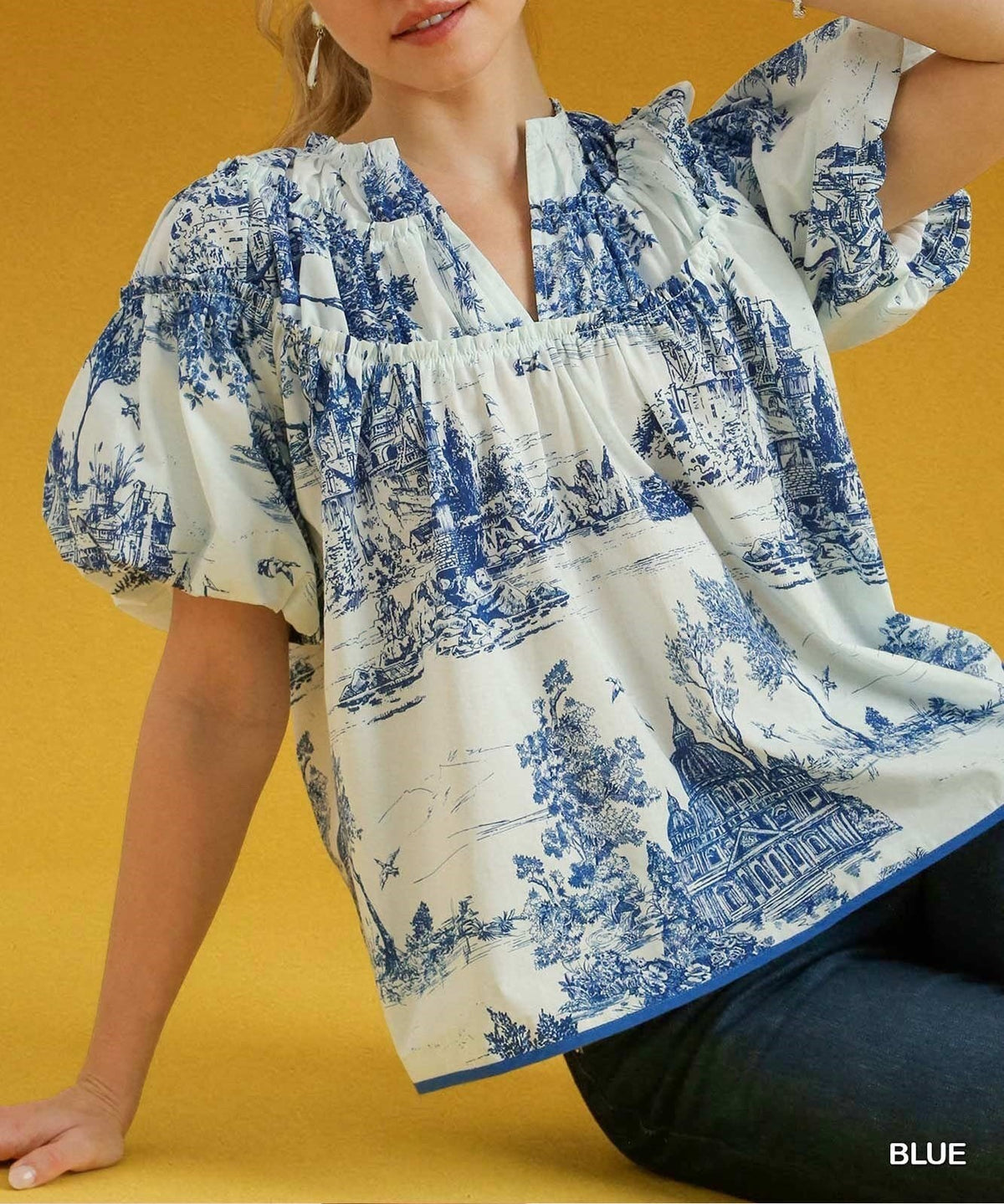 Scenic Toile Print Split Neck Blouse - blue - 2