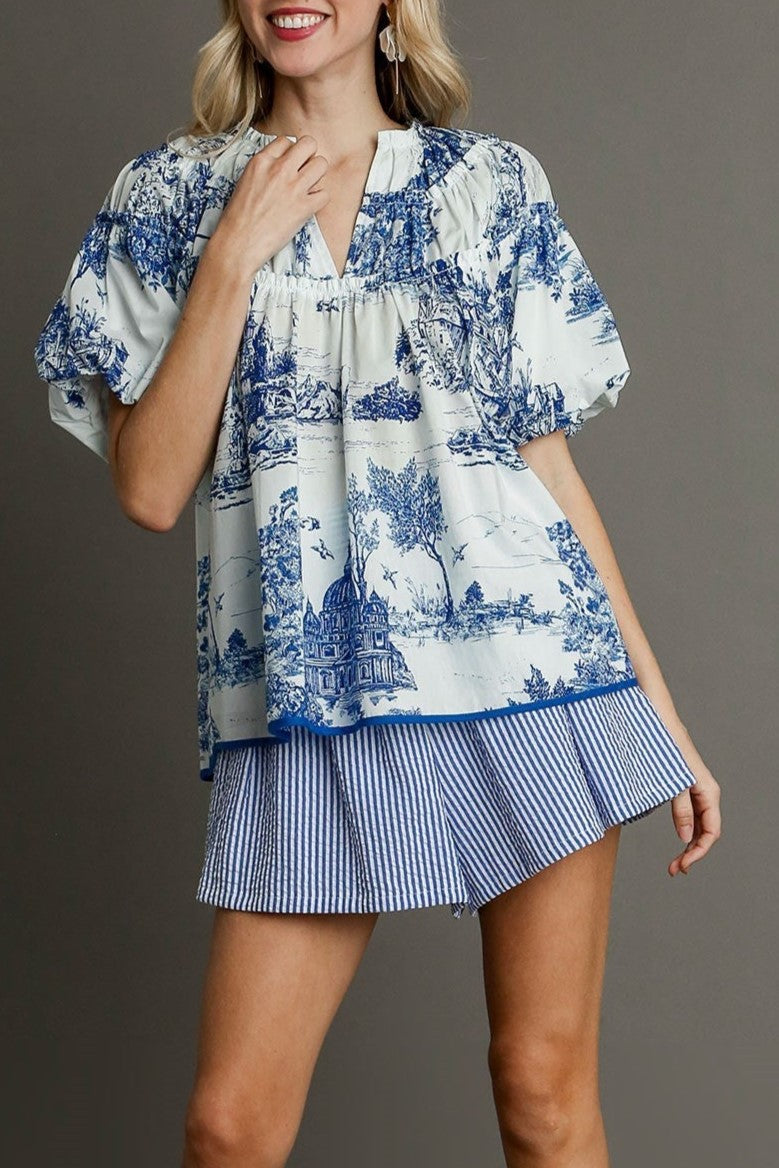 Scenic Toile Print Split Neck Blouse - blue - 3