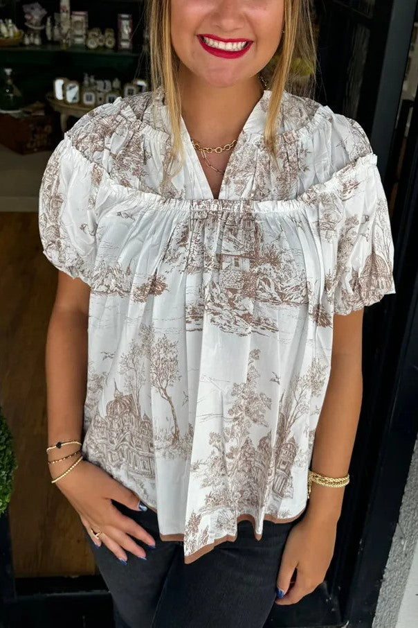 Scenic Toile Print Split Neck Blouse - brown