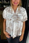 Scenic Toile Print Split Neck Blouse - brown