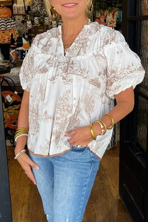 Scenic Toile Print Split Neck Blouse - brown - 1