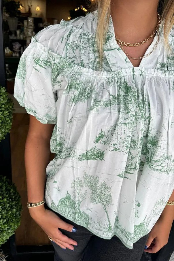 Scenic Toile Print Split Neck Blouse - green - 1
