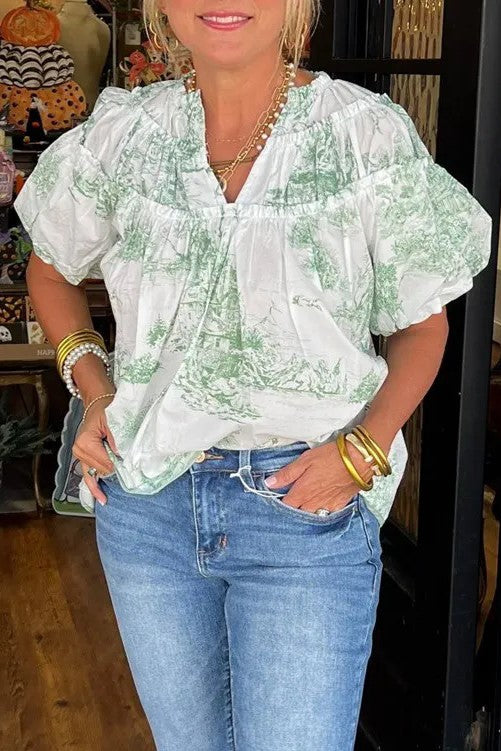 Scenic Toile Print Split Neck Blouse - green - 2