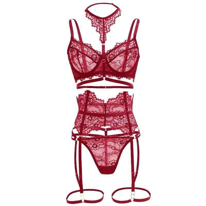 Eyelash Lace Strappy Halter Underwire Garter Set
