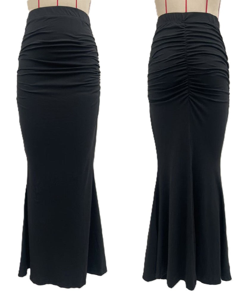 High Waist Ruched Mermaid Maxi Skirt - Black