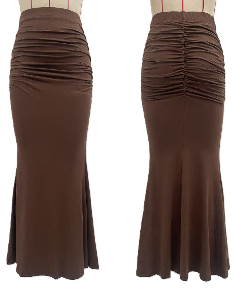 High Waist Ruched Mermaid Maxi Skirt - Brown