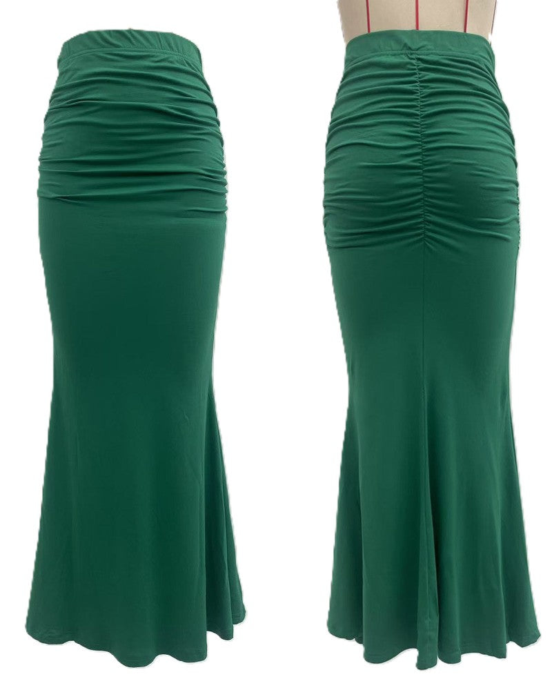 High Waist Ruched Mermaid Maxi Skirt - Green