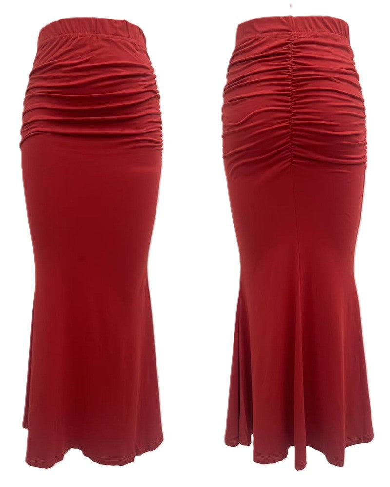High Waist Ruched Mermaid Maxi Skirt - Red