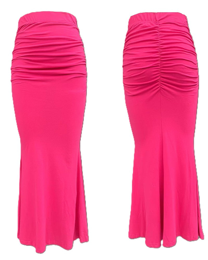 High Waist Ruched Mermaid Maxi Skirt - Rose-Red