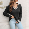 Striped Collar V Neck Knit Sweater - Black