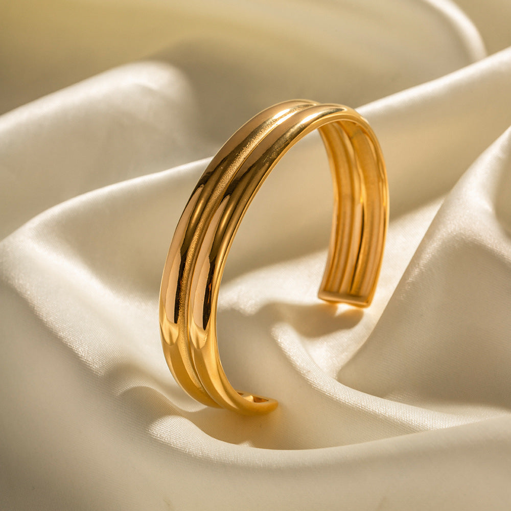 Grooved Ridge Open Bangle Cuff - Gold - 1