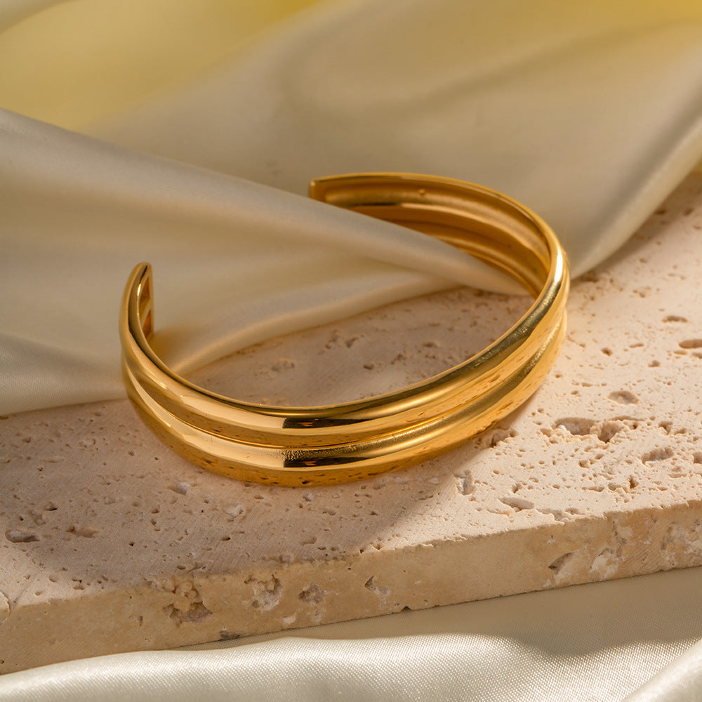 Grooved Ridge Open Bangle Cuff - Gold - 2
