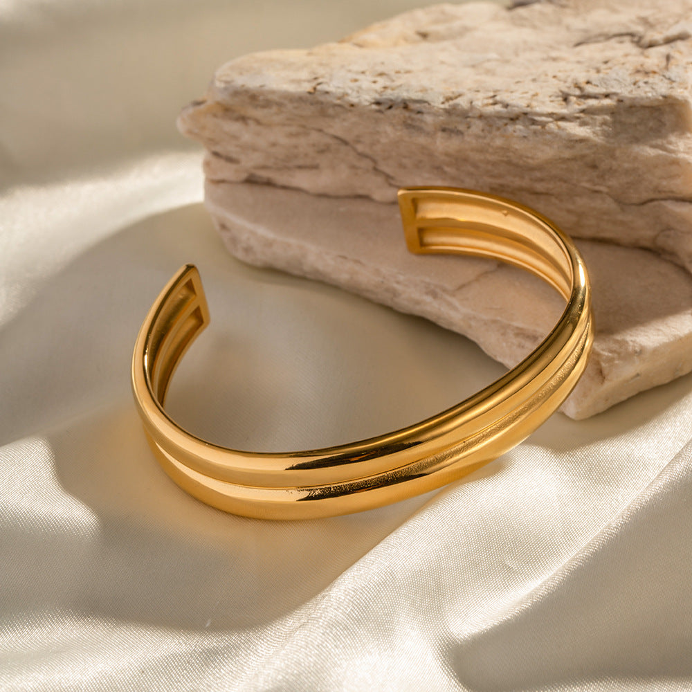 Grooved Ridge Open Bangle Cuff - Gold - 3