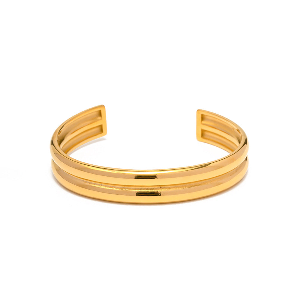 Grooved Ridge Open Bangle Cuff - Gold - 4