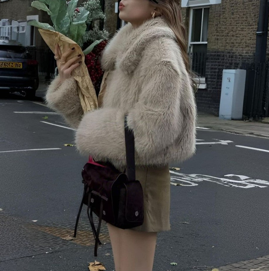 Shaggy Faux Fur Collared Crop Coat - Apricot