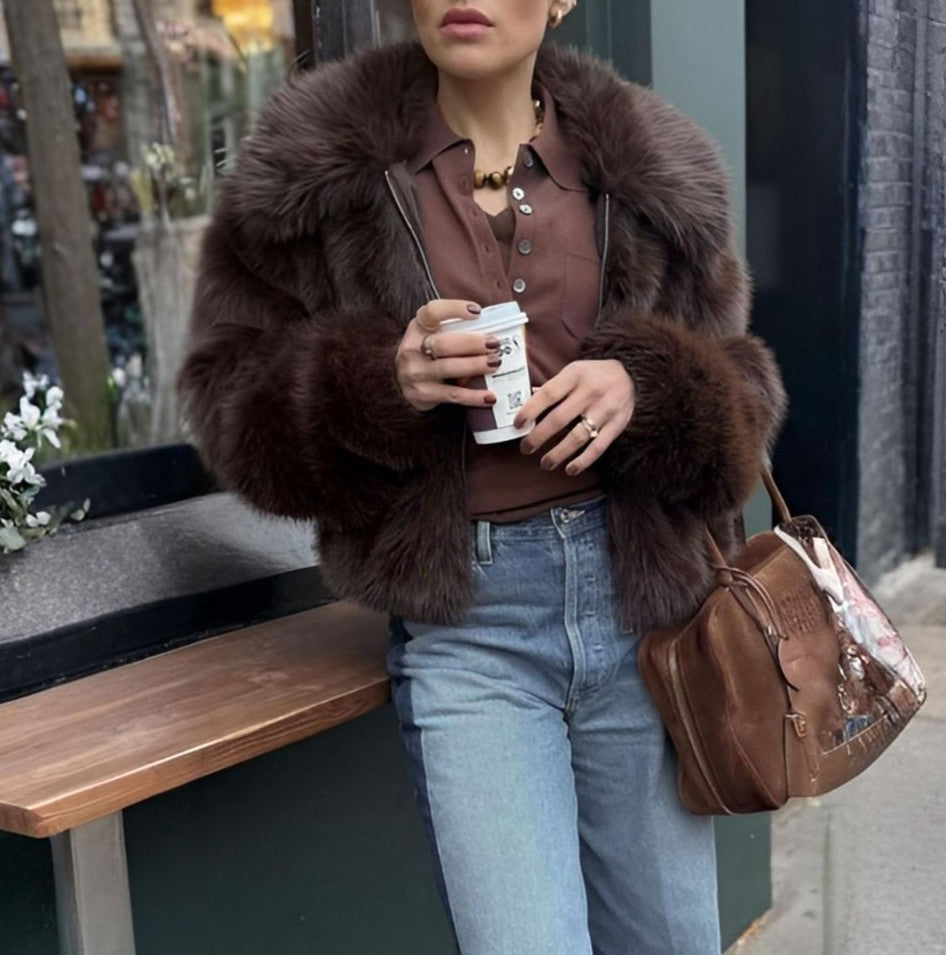Shaggy Faux Fur Collared Crop Coat - Coffee