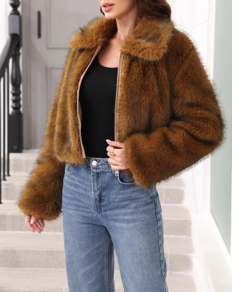 Shaggy Faux Fur Collared Crop Coat - Yellow