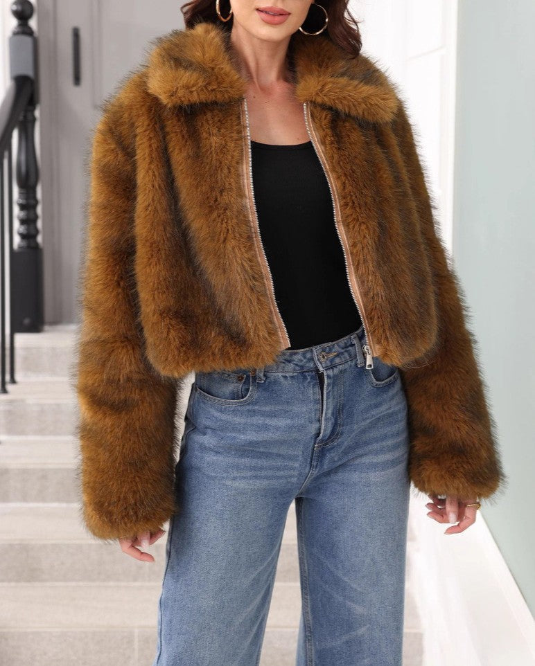 Shaggy Faux Fur Collared Crop Coat - Yellow - 1
