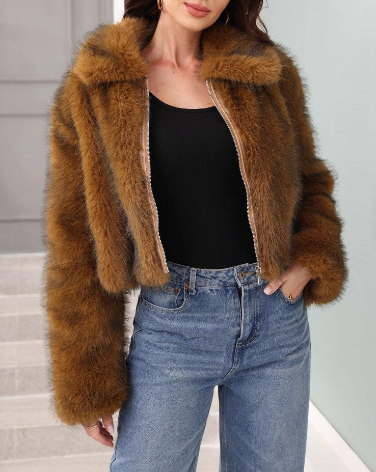 Shaggy Faux Fur Collared Crop Coat - view 1
