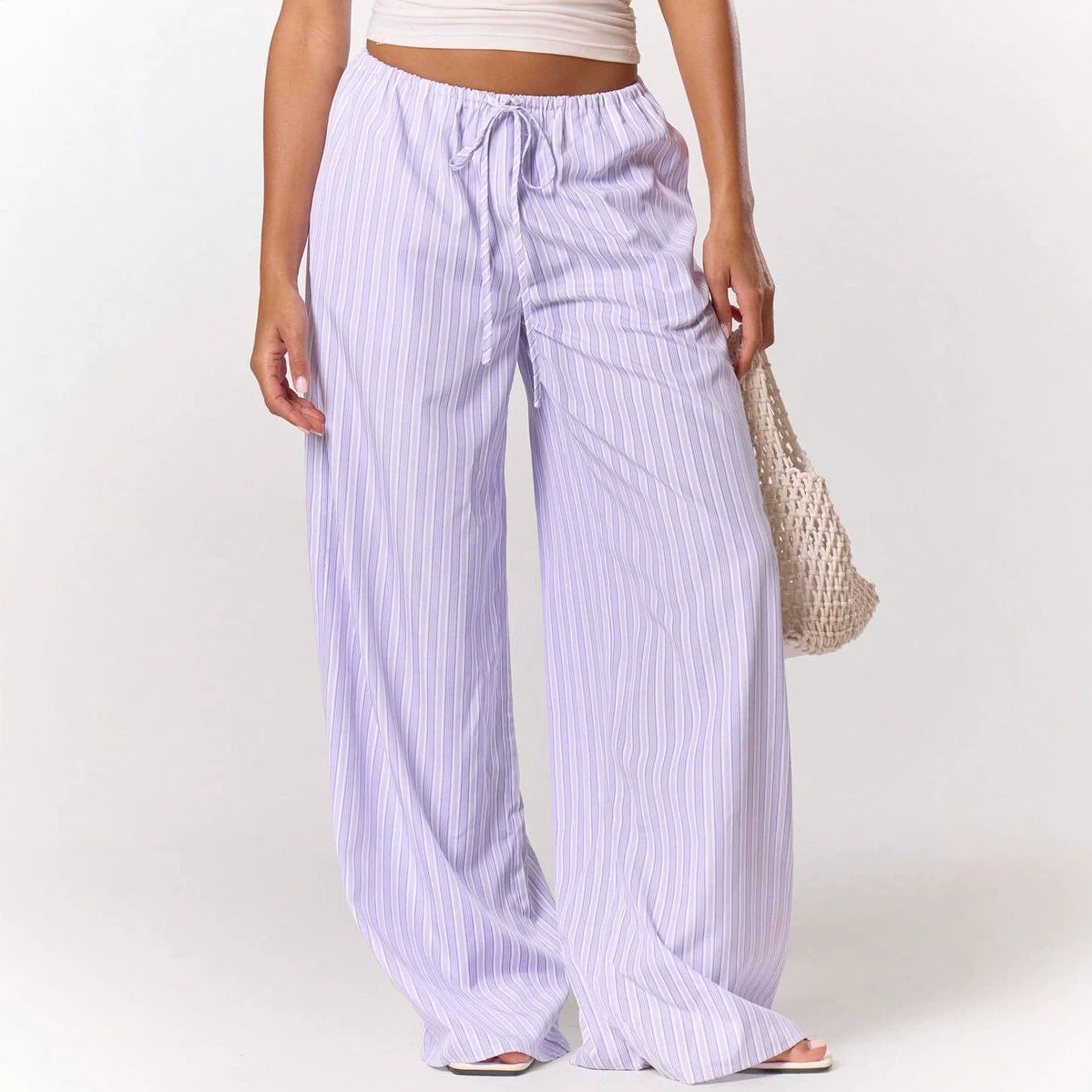Pinstripe Tie Waist Lightweight Wide Leg Pants - Purple