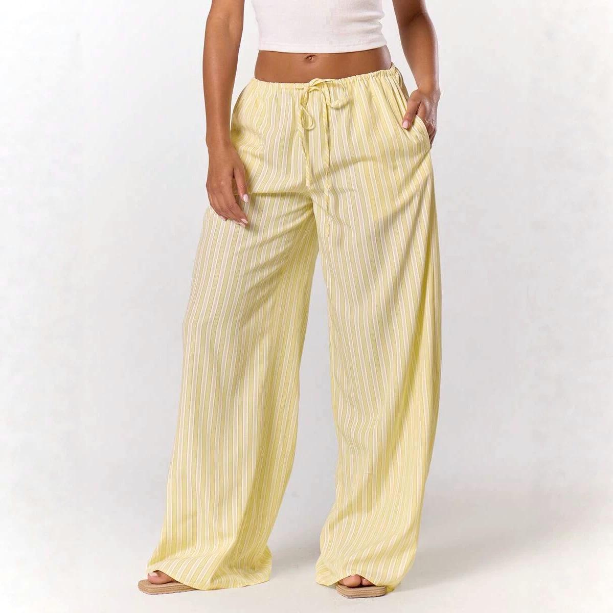 Pinstripe Tie Waist Lightweight Wide Leg Pants - Yellow