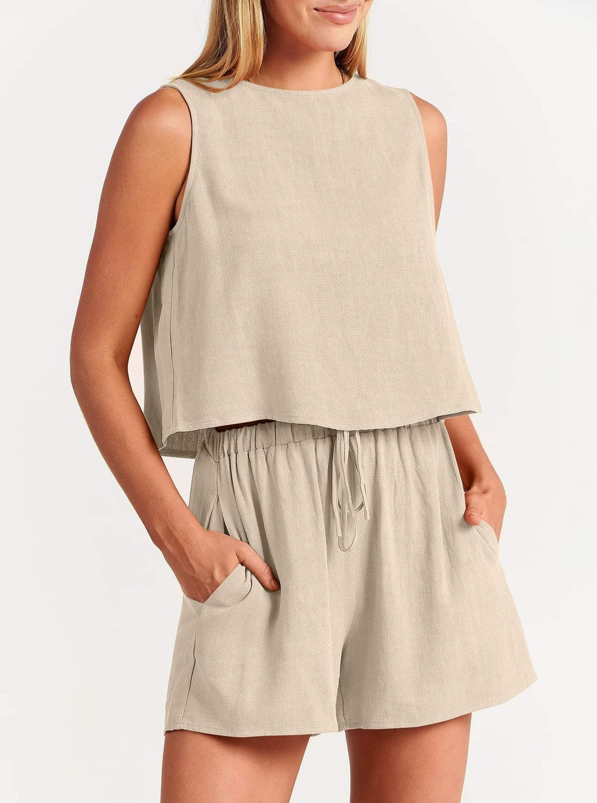 Linen Blend Tank And Drawstring Shorts Set - Apricot - 1