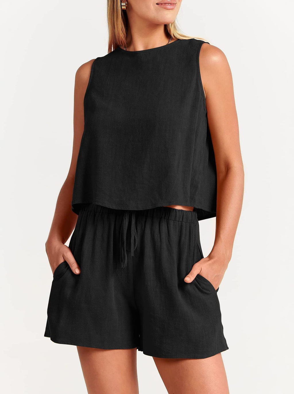 Linen Blend Tank And Drawstring Shorts Set - Black