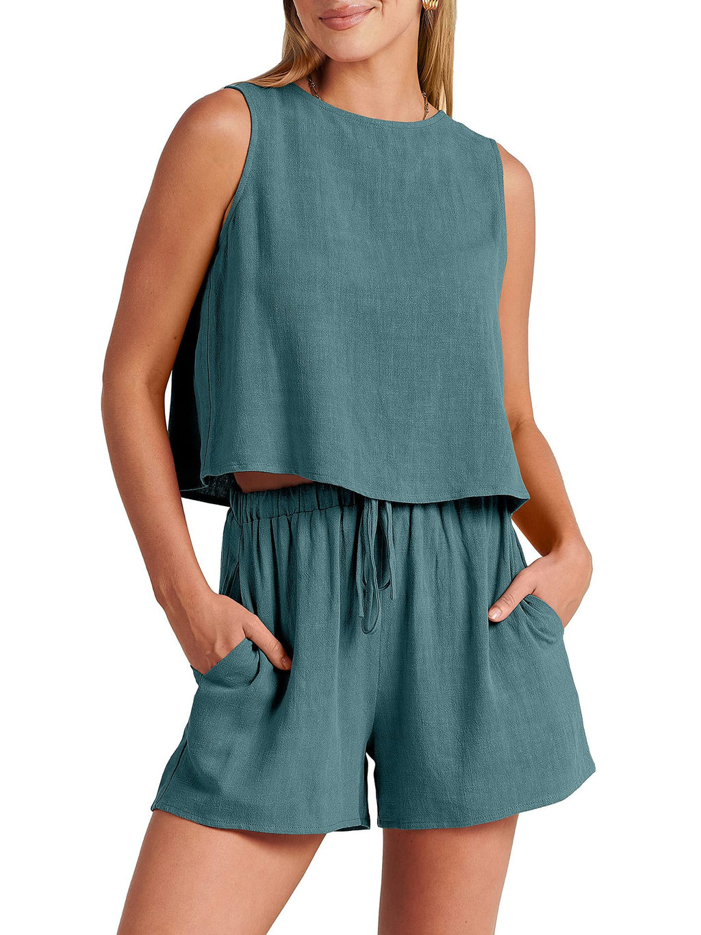 Linen Blend Tank And Drawstring Shorts Set - Blue - 1