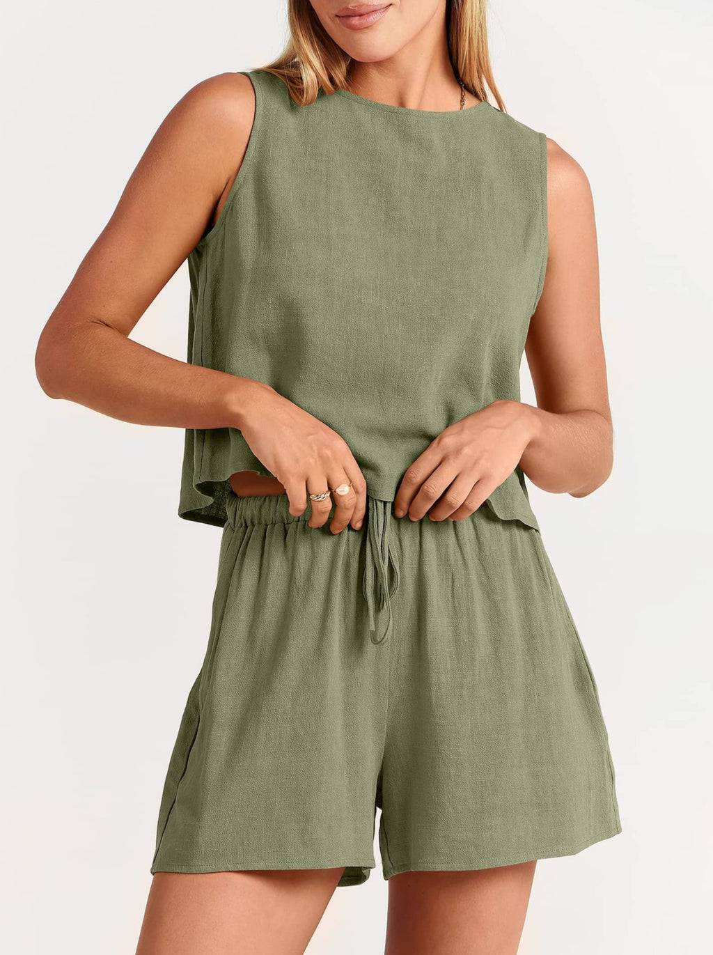 Linen Blend Tank And Drawstring Shorts Set - Green - 2