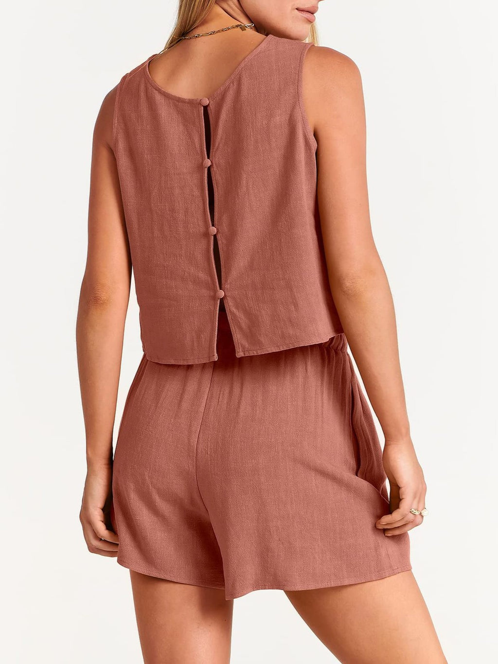 Linen Blend Tank And Drawstring Shorts Set - Orange - 1