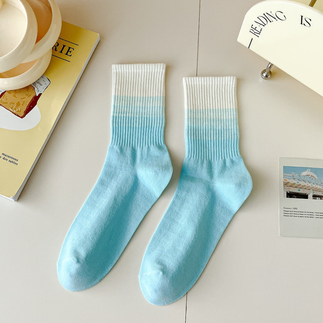 Two Tone Ombre Ribbed Crew Socks - Blue - 1