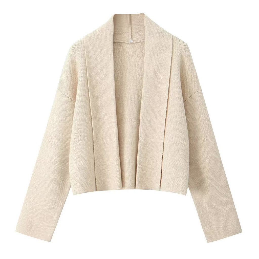 Open Front Cropped Shawl Collar Cardigan - Beige