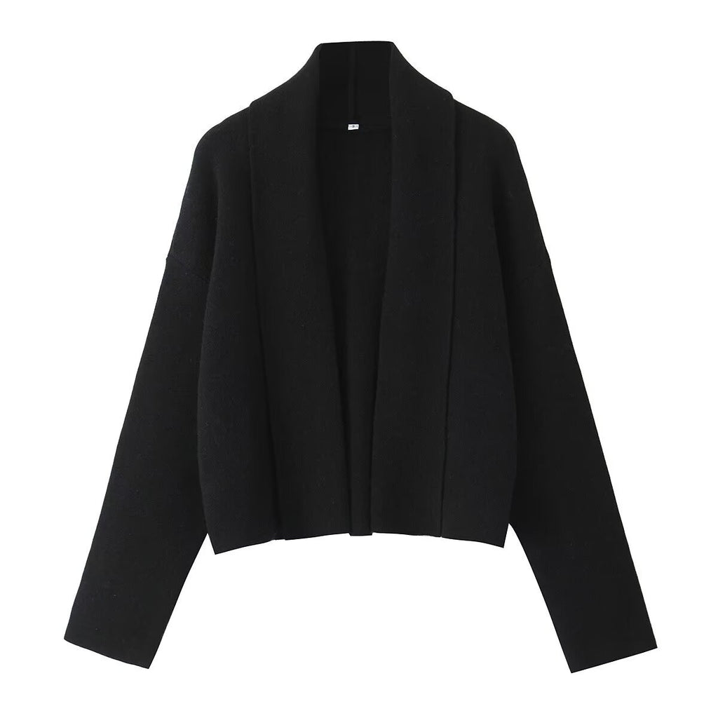 Open Front Cropped Shawl Collar Cardigan - Black