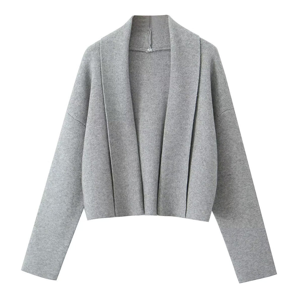 Open Front Cropped Shawl Collar Cardigan - Darkgrey