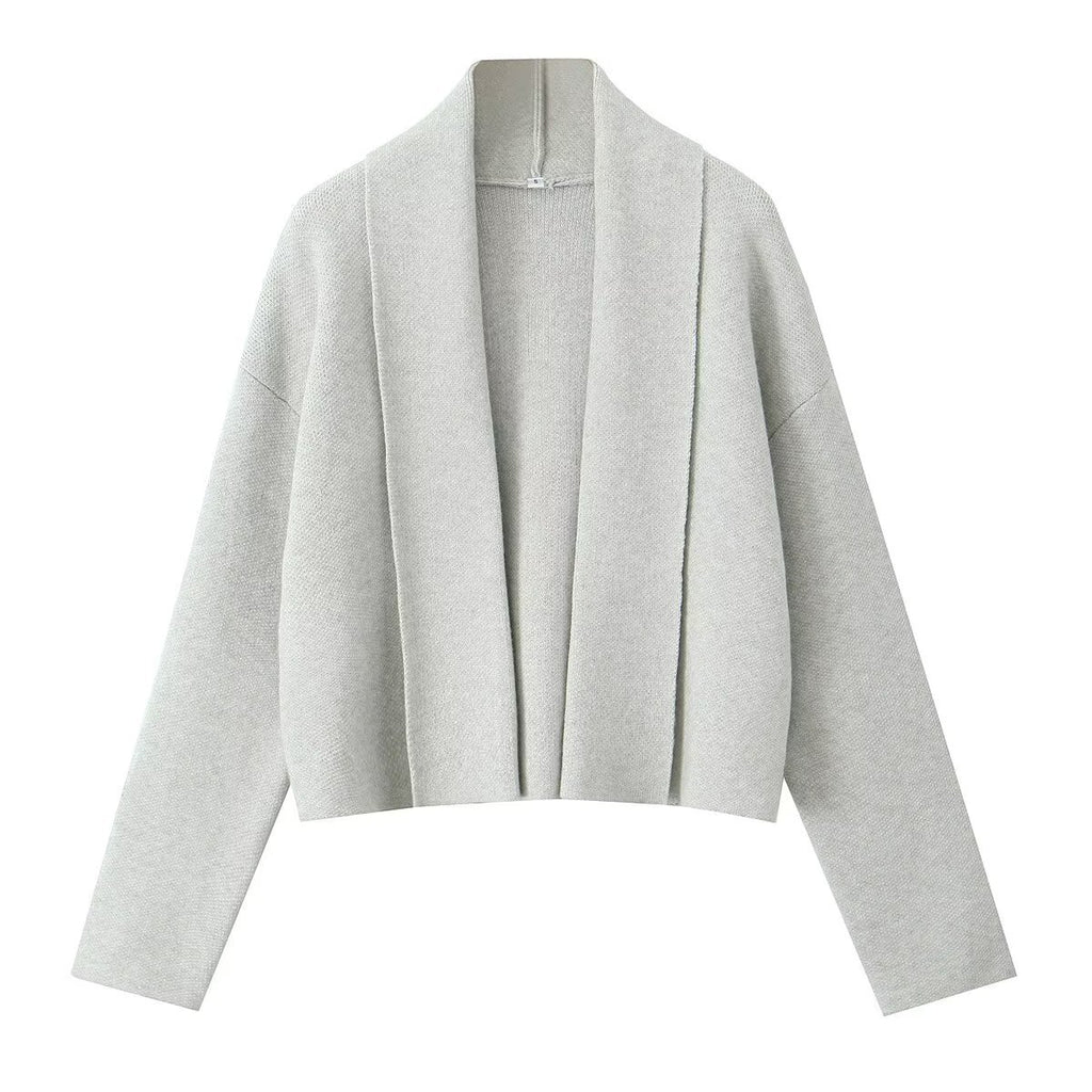 Open Front Cropped Shawl Collar Cardigan - Grey