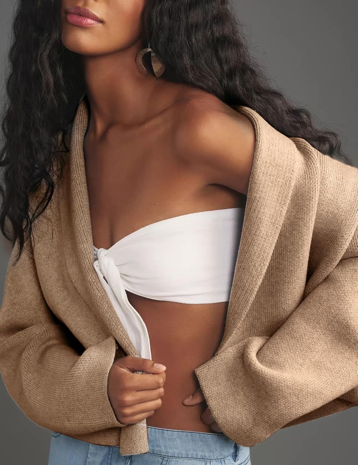 Open Front Cropped Shawl Collar Cardigan - Khaki - 1