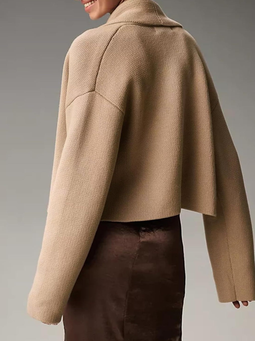 Open Front Cropped Shawl Collar Cardigan - Khaki - 2