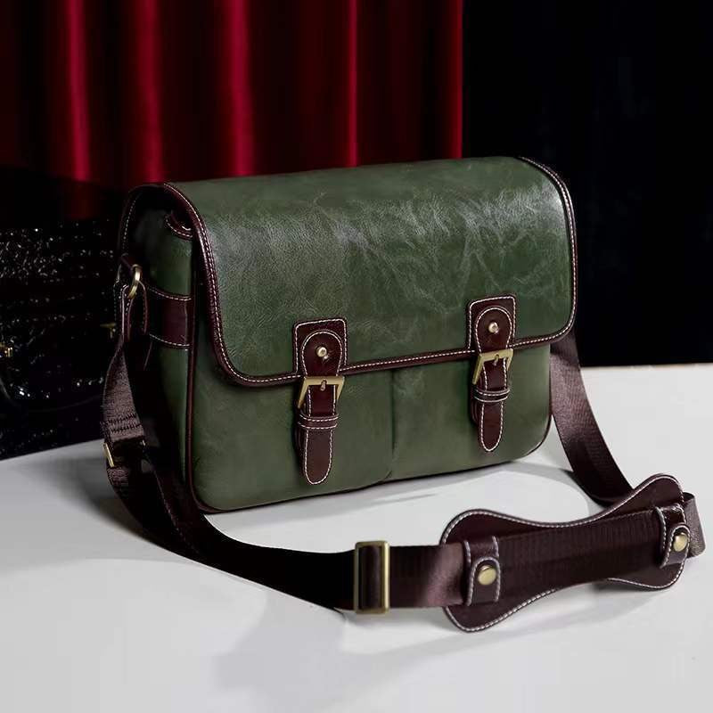 Vintage Buckle Flap Camera Messenger Bag - Large Green