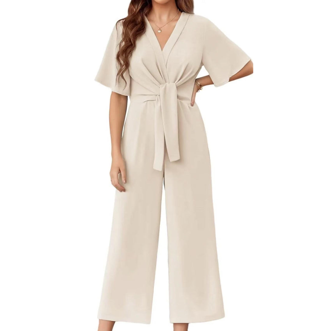 Kimono Sleeve Tie Waist Wide Leg Jumpsuit - Apricot