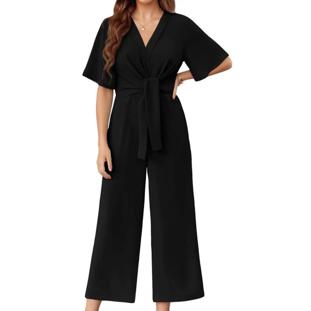Kimono Sleeve Tie Waist Wide Leg Jumpsuit - Black
