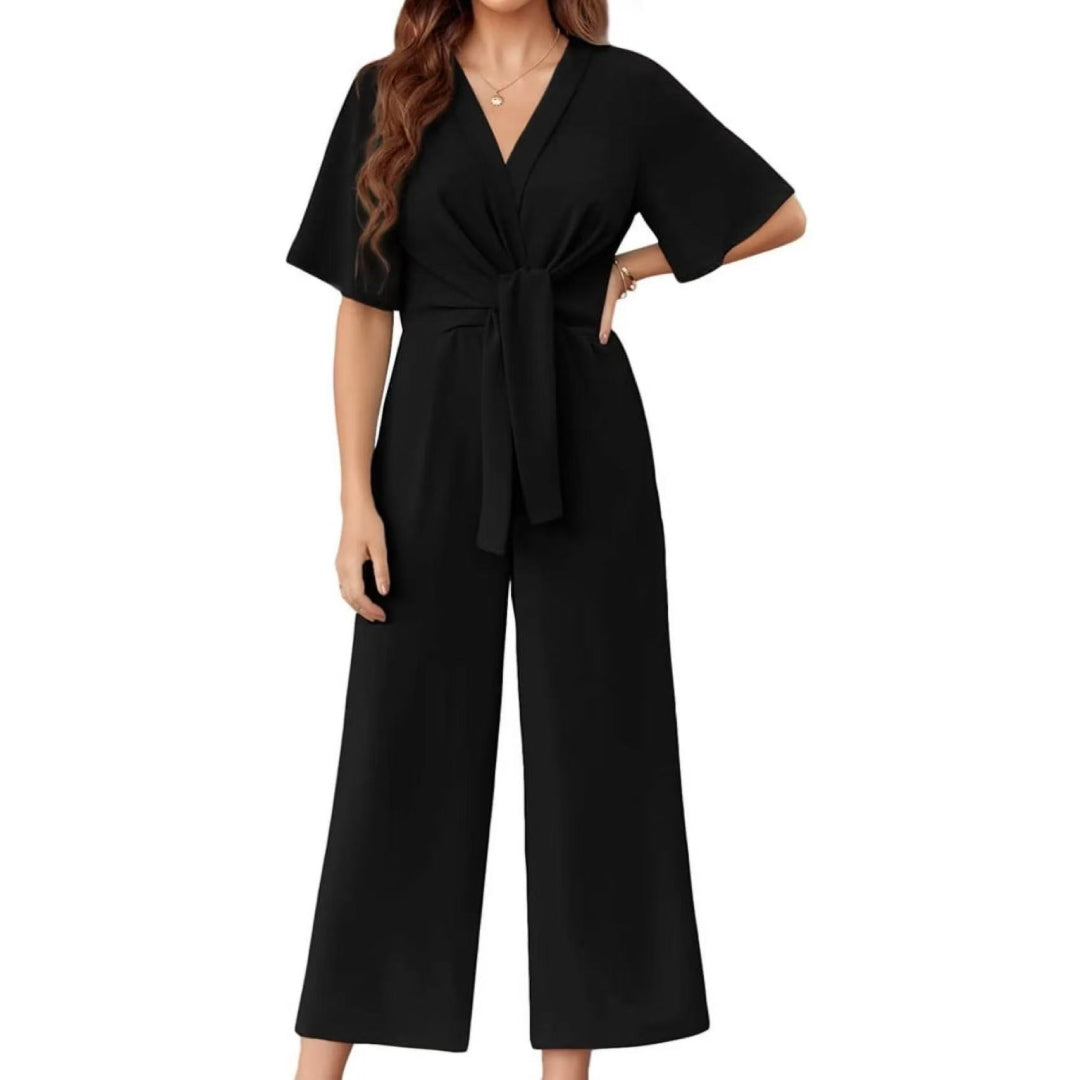 Kimono Sleeve Tie Waist Wide Leg Jumpsuit - Black