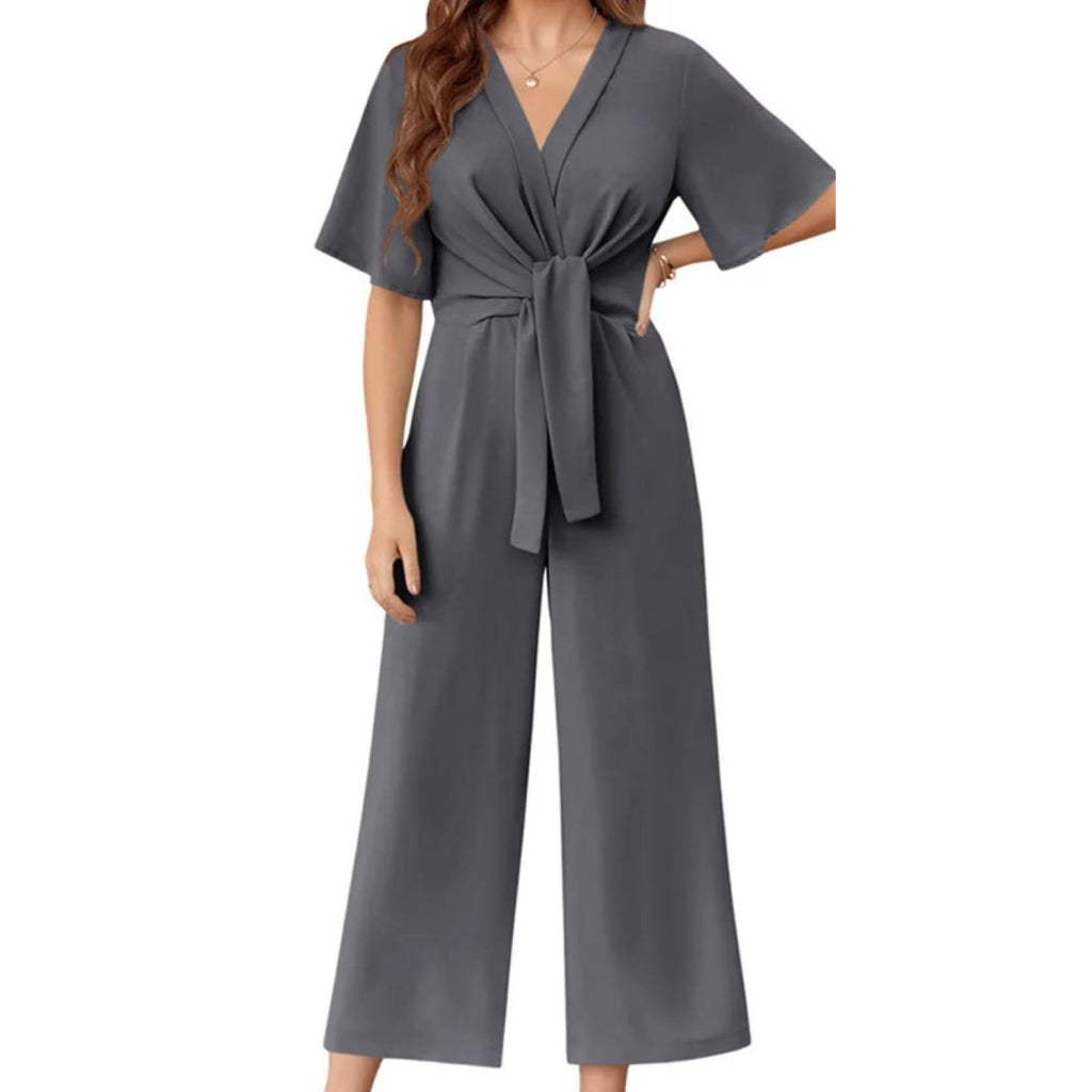 Kimono Sleeve Tie Waist Wide Leg Jumpsuit - Grey